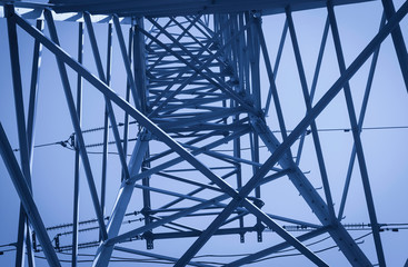 High voltage pole close up toned in color of the year 2020 classic blue