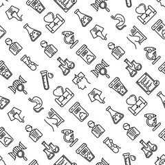 Medical analyzes seamless pattern with thin line icons: blood test, urine test, stool, ECG, mammography, sperm, DNA, ultrasound, EEG, X-ray, gastroscopy. Vector illustration for laboratory web page.