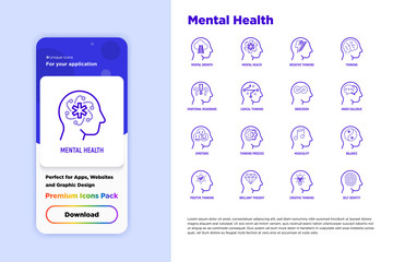 Mental health thin line icons set: mental growth, negative thinking, emotional reasoning, logical plan, obsession, balance, self identity. Vector illustration for mobile user interface.