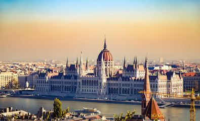 Fototapeta na wymiar Budapest sunset city skyline at Hungalian Parliament and Danube River, Budapest, Hungary
