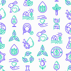 Organic cosmetics seamless pattern with thin line icons for product packaging. Cruelty free, 0% alcohol, natural ingredients, paraben free, eco friendly, no mineral oil, non GMO. Vector illustration.