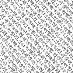 Electric scooter seamless pattern with thin line icons: sharing service, mobile app, QR code, parking, helmet, eco transport, pointer. Modern vector illustration.