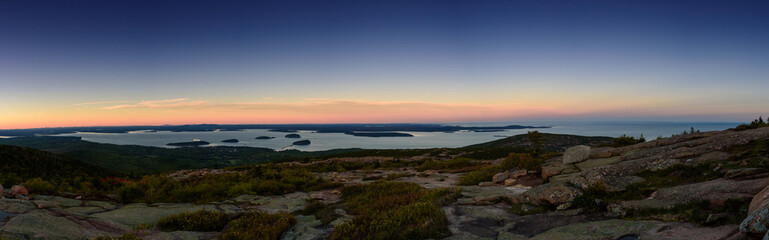 Panoramic view Bar harbor and the frenchman bay from Cadillac mountains in Acadia