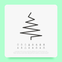 Christmas tree in different shapes. Minimalistic simple thin line icons. Vector illustration for greeting card, Christmas and New Year decoration.