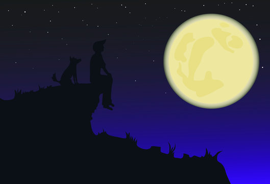 vector illustration of a boy and a dog sitting on a hill and looking at the moon