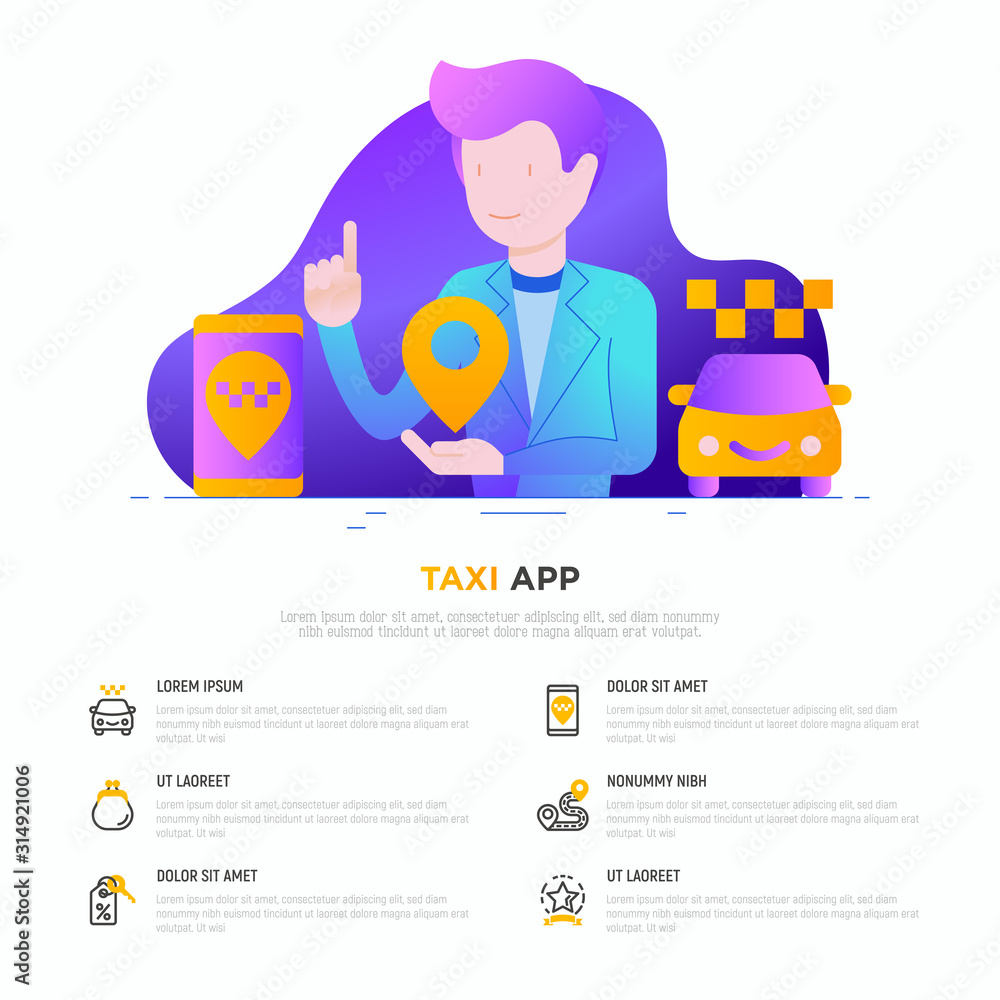 Poster man using taxi app. web page template with thin line icons: payment method, promocode, app settings,
