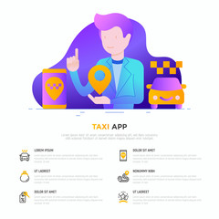Man using taxi app. Web page template with thin line icons: payment method, promocode, app settings, info, support service, phone number, location, pointer, route, destination. Vector illustration.