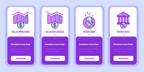 Rate cut mobile user interface with copy space. Thin line icons: dollar growth chart, dollar decreasing, percentage sign falling down, inetrest rates. Modern vector illustration.