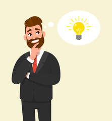 Thoughtful young businessman thinking and holding finger on face. White  thought bubble in the background. Male character design illustration. Innovation, new idea, creativity concept in vector.