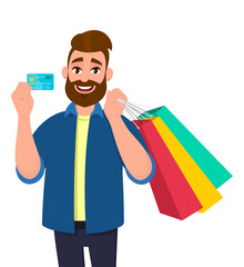 Cheerful young man holding shopping bags. Male character showing a credit, debit, ATM, bank card in hand. Modern lifestyle, digital technology concept illustration in vector cartoon style.
