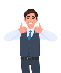 Young businessman in waistcoat showing thumb up gesture. Person making symbol of like, agree or good sign. Male character design illustration. Human emotions/expressions concept in vector cartoon.