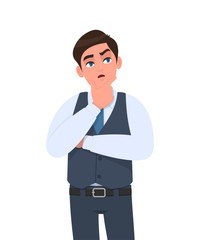 Thoughtful young businessman in waistcoat thinking with crossed arm. Person looking up. Male character design illustration. Human emotions, facial expressions concept in vector cartoon style.