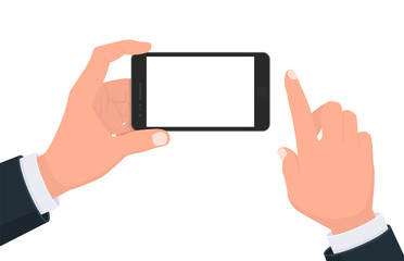 Person hand holding the black smartphone with blank screen display. Hand finger touching phone mobile screen. Modern lifestyle, digital technology cell phone concept illustration in cartoon style.