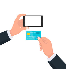 Human hand holding the black smartphone with blank screen display and showing credit, debit, ATM, bank card. Modern lifestyle, digital technology cell phone concept illustration in cartoon style.