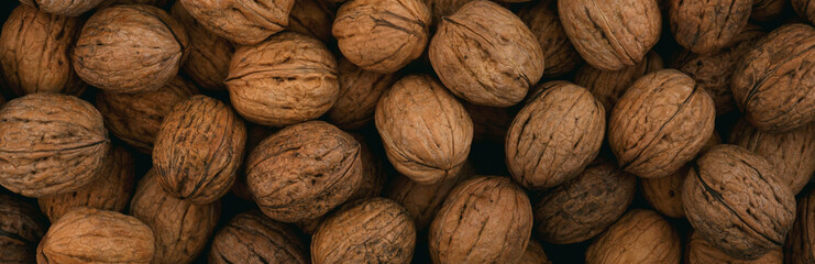 Background and texture of whole walnut. Panorama.