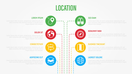 Obraz premium Location and navigation infographics with thin line icons. Symbols of pointer, pin, folded map, compass, route, flag, direction, search, traffic light, globe. Vector illustration.