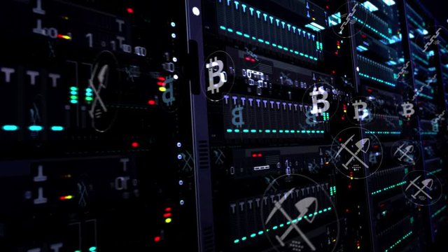 Modern servers room with symbols of Bitcoin, cyber banking, money, cryptocurrency mining, blockchain technology. Futuristic digital loopable and seamless 3d rendering concept animation.