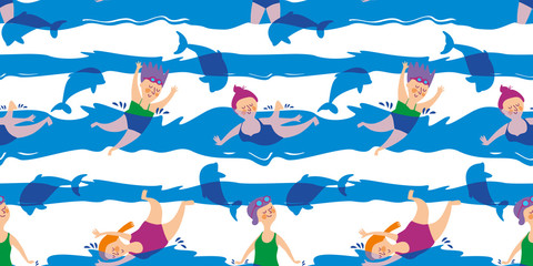 Seamless pattern with women and dolphins. Sea swimming. Summer bathes in the ocean. Flat style. Vector illustration