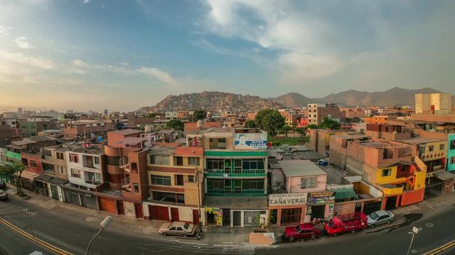 Lima, Peru 1 December 2019 : sunset time lapse in architectural chaos in poverty zones in Lima - Peru