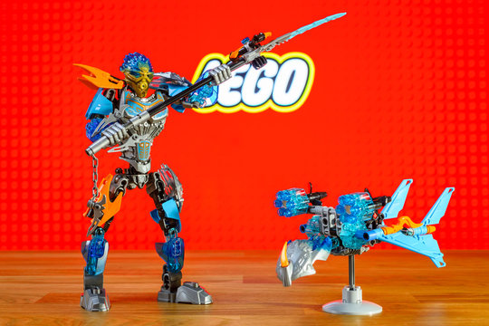BERLIN - JUNE 17, 2016: The characters (toys) universe of Lego Bionicle - Gali, Uniter of Water and Akida, Creature of Water. BIONICLE is a line of construction toys created by the Lego Group.