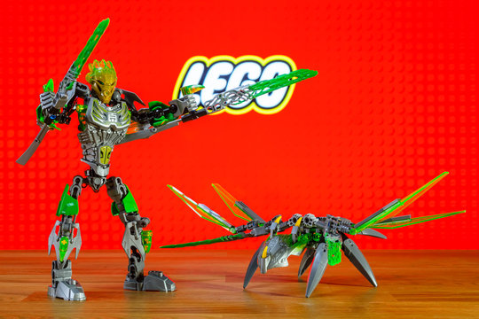 BERLIN - JUNE 17, 2016: The characters (toys) universe of Lego Bionicle - Lewa, Uniter of Jungle and Uxar, Creature of Jungle. BIONICLE is a line of construction toys created by the Lego Group.