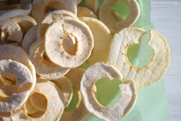 Organic apple dried fitness chips. A popular tasty and fresh healthy product. Healthy, dietary, low-calorie and tasty snack.