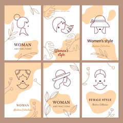 Obraz premium Set of vector banners in linear style from the silhouettes of women and girls with different plants isolated on a white background in two colors. Set for hair salon, women's store, beauty salon, websi