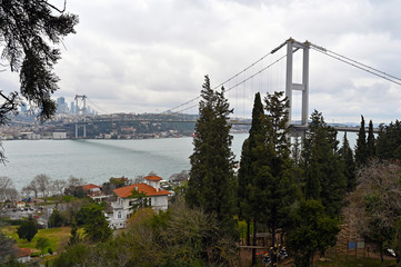 15 July Martyrs bridge and cityscape of Istanbul. The photo is taken from Nakkastepe Public Garden (Millet Bahcesi)