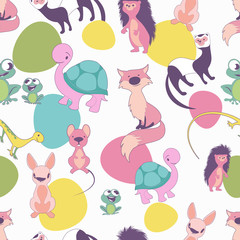 Seamless pattern of cute cartoon style animals on white background