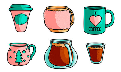 Set of coffee drinks in different cups and mugs vector illustration