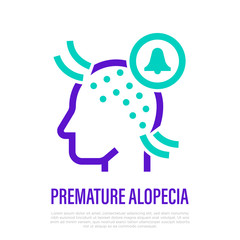 Premature alopecia thin line icon. Hair loss. Bald place on scalp and alarm sign. Vector illustration.