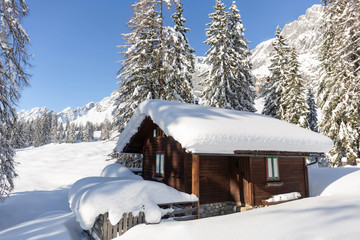 Picturesque winter scene with traditional alpine hut and snowy forest. Sunny frosty weather with...