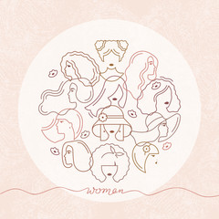 Vector circular concept of modern linear style women silhouettes. Set for hair salon, womens store, beauty salon, websites and mobile devices. Fashionable hairstyles. Hair, woman, haircut, trendy styl