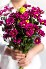 Man hands in white shirt holding bouquet of dark pink flowers in valentine day and 8 march woman day. Best gift present in valentines woman's day, real love. Spring flowers in man hands