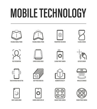 Modern mobile technology thin line icons set. Foldable smartphone, face recognition, curved edges, gesture sensor, sliding front camera, vr, wireless charger, deep photo analysis. Vector illustration.