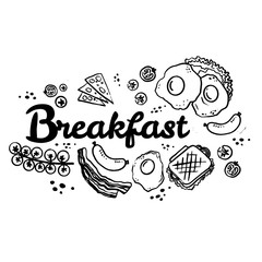 Breakfast top view frame. Morning food for menu design. Dishes collection. Hand drawn illustration. Traditional breakfast set. English breakfast. Set of doodle breakfast food.