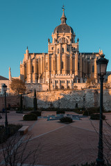 Obraz premium The Almudena Cathedral in Madrid, Spain. Sunset time of the day