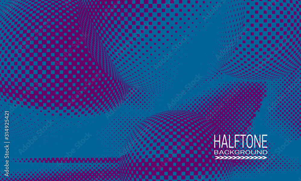 Poster halftone background design with blue purple space abstraction. futuristic printing raster of spheres