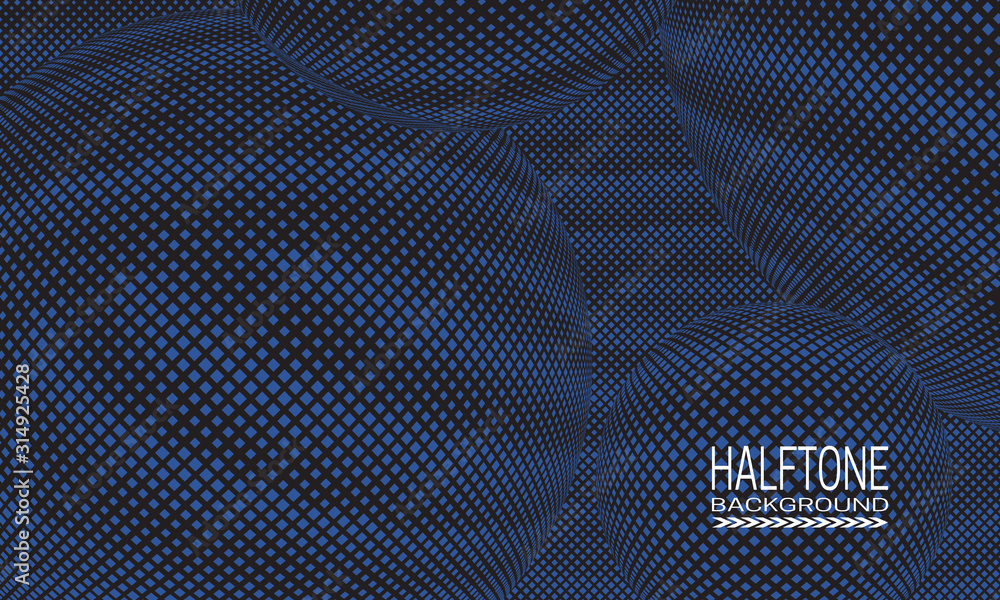 Poster halftone background design with blue black space abstraction. futuristic printing raster of spheres.
