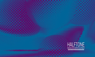 Halftone background design with blue purple space abstraction. Futuristic printing raster of spheres.