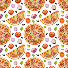 Watercolor seamless pattern with Italian pizza. Hand drawn fast food. Illustration for menu. Design for pizzeria, cafe and restaurant. Wallpaper, template, background, ornament