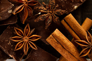  macro image of spices and dark chocolate, flat lay style