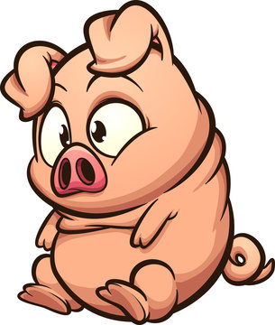 Fat little pig sitting and looking cute cartoon. Vector clip art illustration with simple gradients. All in a single layer.