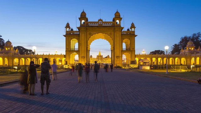 India, Karnataka, Mysore, City Palace, main entrance gateway to the Maharaja's Palace - day to night time lapse