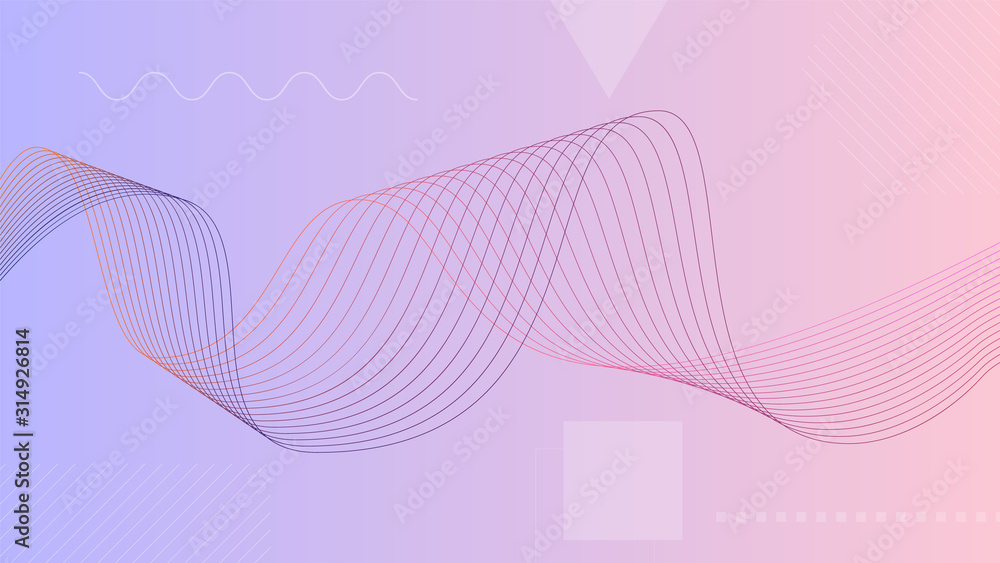 Poster sound wave with geometric shapes in gradient light violet and pink background. use for modern design