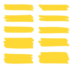 Set different yellow highlighter marker strokes. Brush pen underline lines. Vector illustration