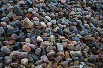 Multi-colored stones in the frost covered with hoarfrost