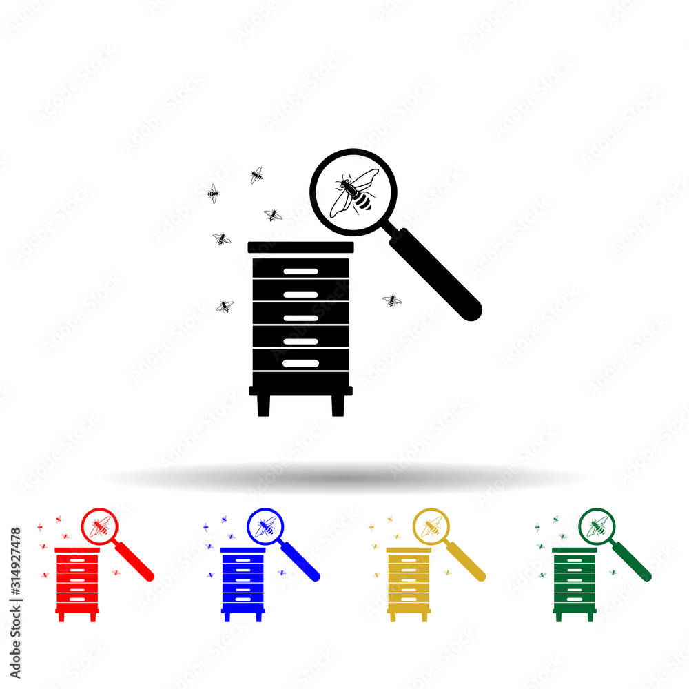 Poster bee magnifier honeycomb multi color style icon. simple glyph, flat vector of beekeeping icons for ui