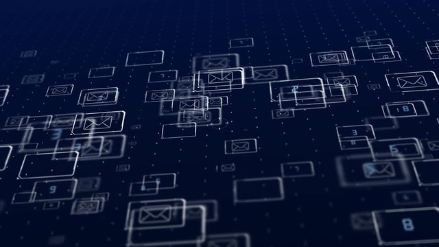 Flying Envelopes in Digital Space, on red circle metaphor income email and massage On blue and black background with alpha channel