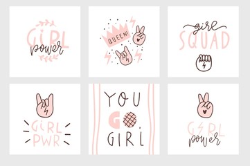 Naklejka premium International Women's Day cards set. Vector template with illustration of beautiful women and Girl power lettering. Perfect for cards, posters, flyer and other uses. Vector illustration